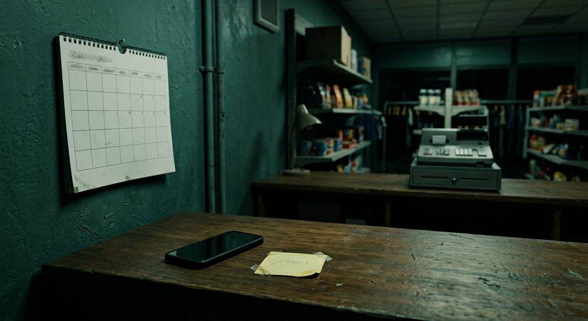 A closed shop counter with a blank calendar on the wall