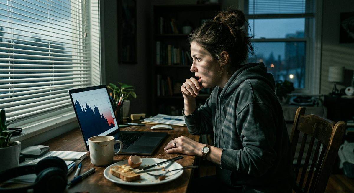 A woman at a desk at dawn staring at a falling chart on a laptop