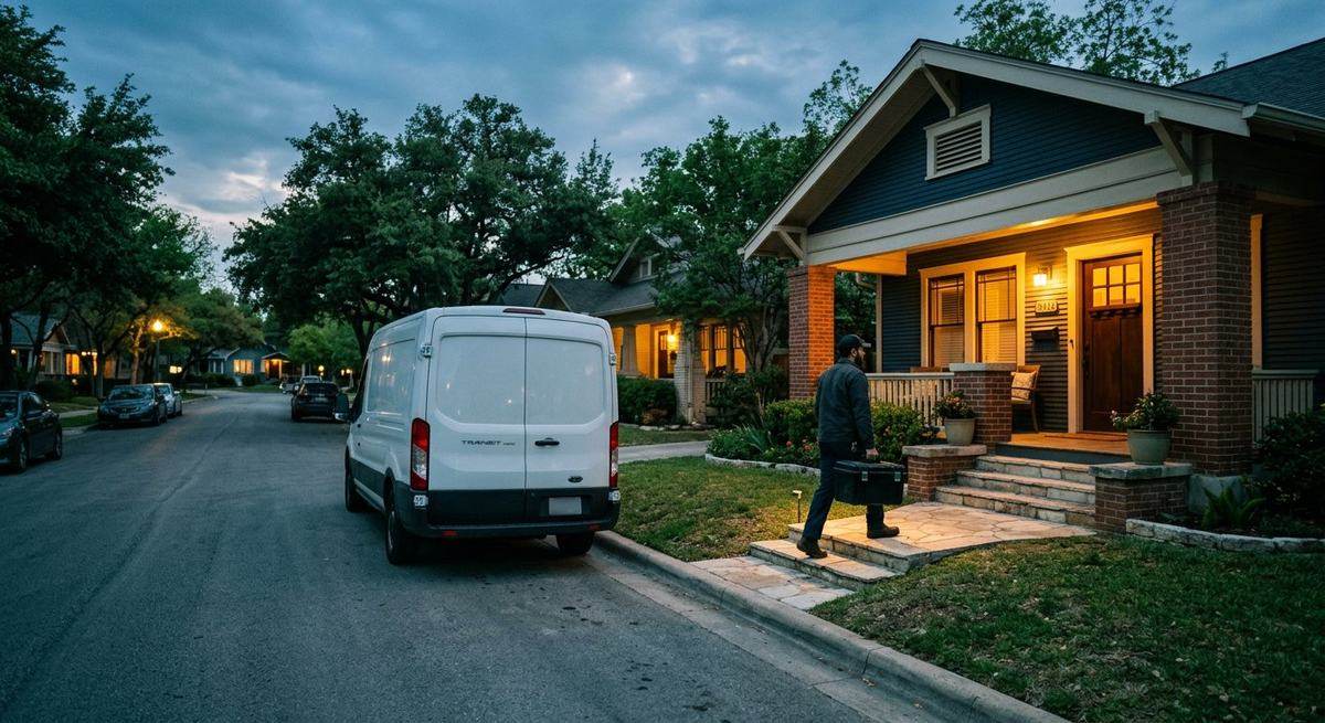 A home-services van outside a house at dusk, technician at the door