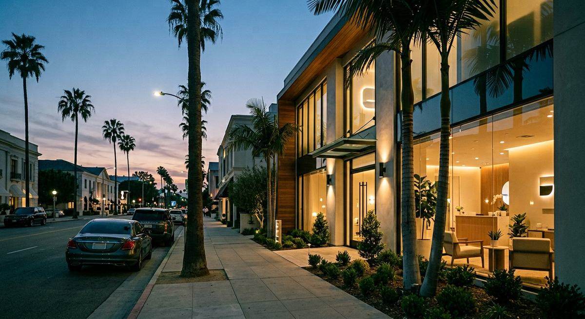 A palm-lined Los Angeles street at dusk with a lit clinic building