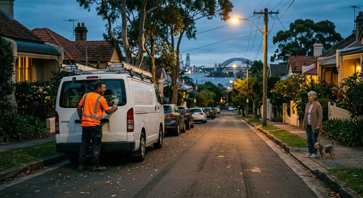 A tradesman at his van on a Sydney street at dusk