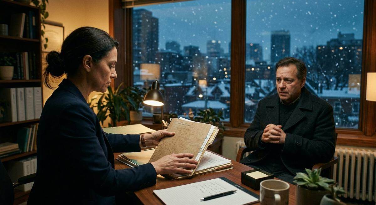 A lawyer and client at a desk with snow falling outside the window