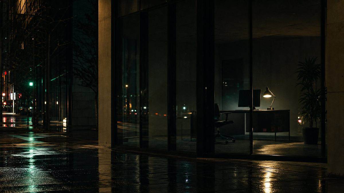 An empty glass-walled office at night seen from a rain-wet street: one desk, a blank monitor, a brass lamp