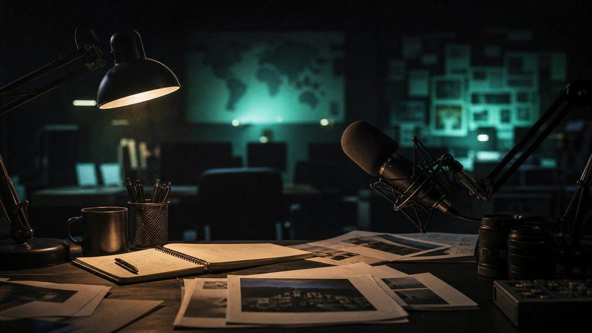 A press desk with printed articles, a notebook and a microphone under warm light