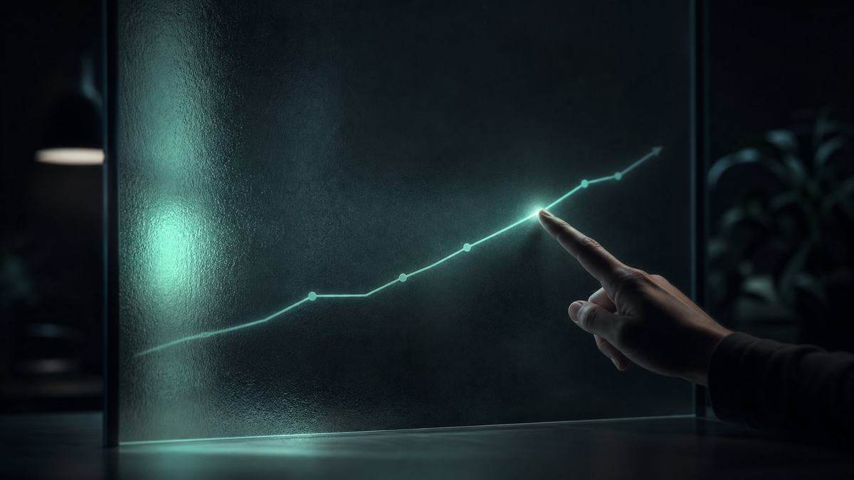 An honest growth curve drawn on frosted glass, rising modestly