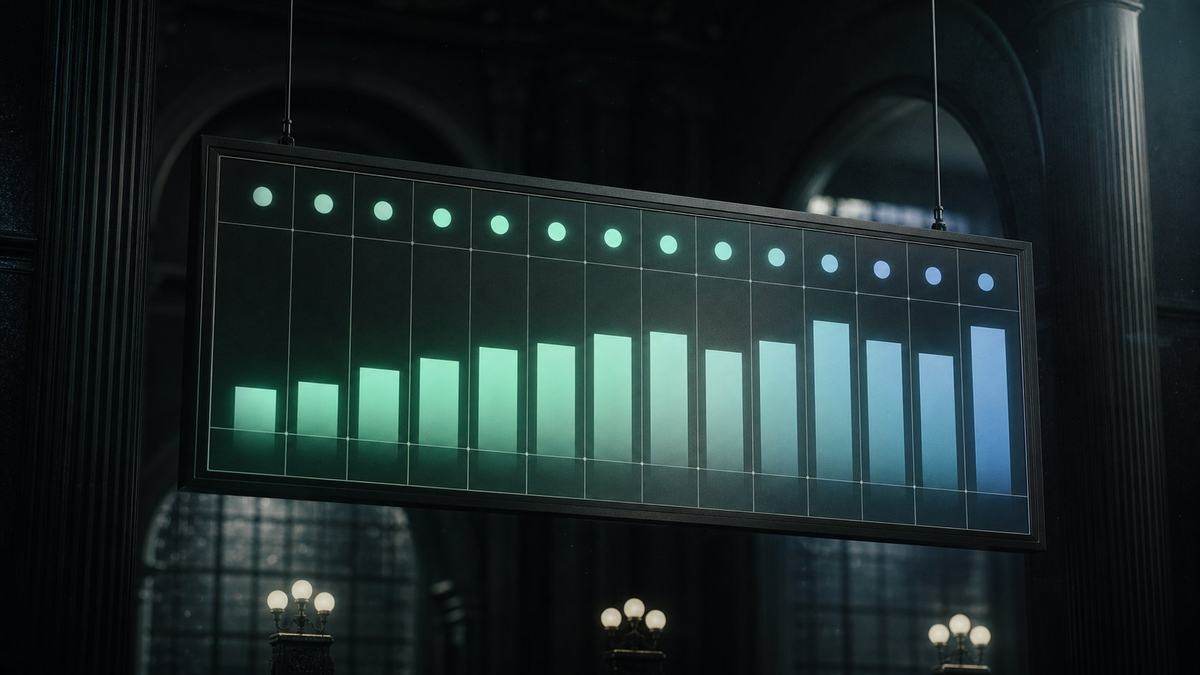 A public scoreboard of month-by-month numbers, softly lit