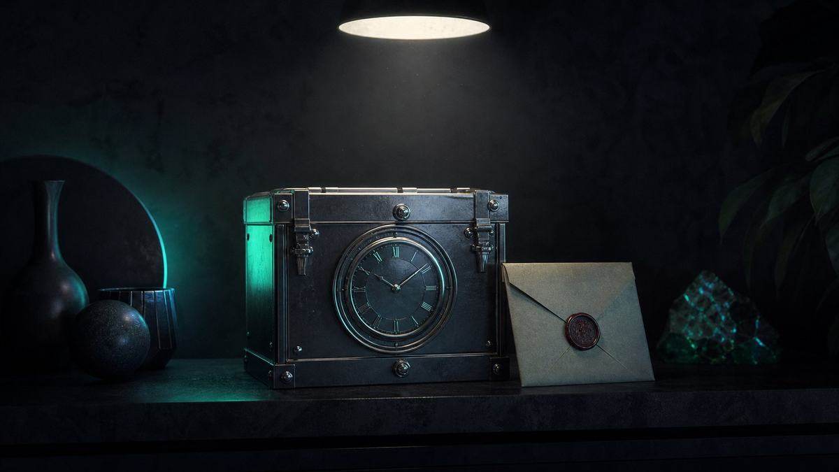 A sealed time-capsule box with a clock face and a wax-sealed letter, dark shelf