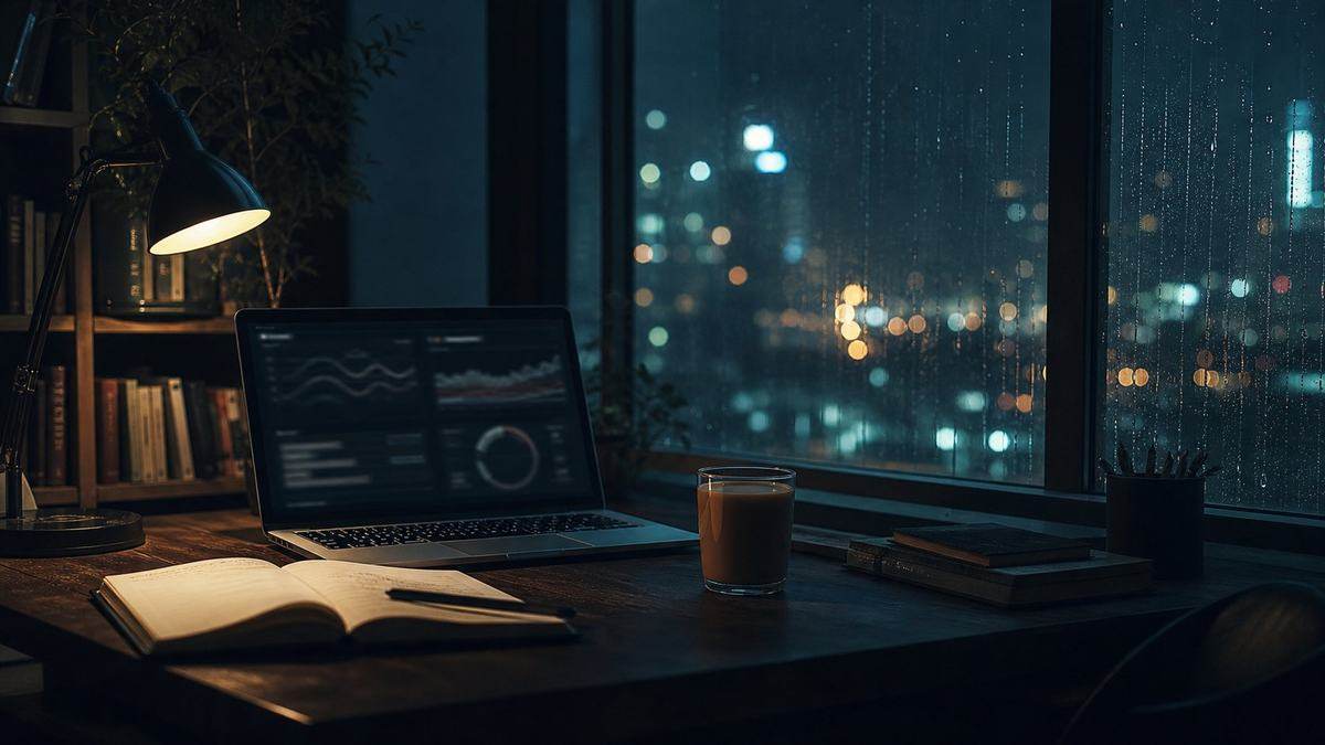 The founder’s desk at night: laptop, notebook and a low-rise Indian city beyond the window