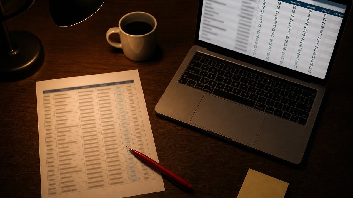 A desk at night with a printed spreadsheet and a laptop showing a checklist