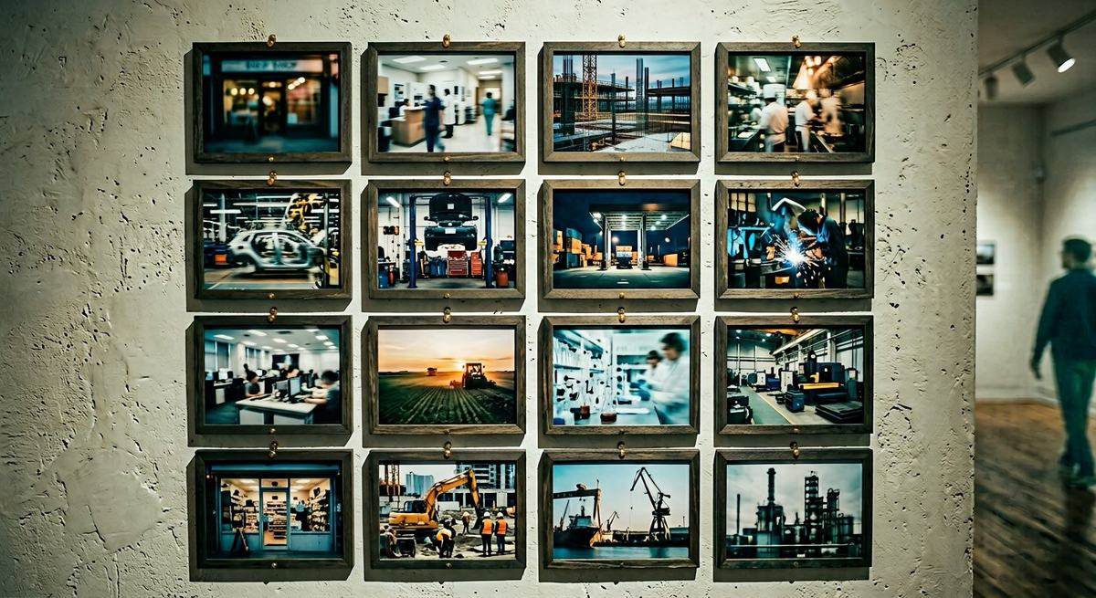 A wall of small framed photographs of different workplaces