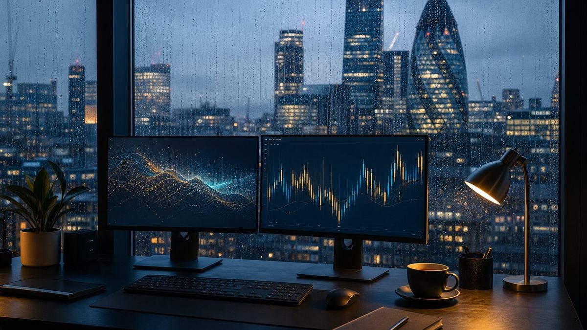 A rainy London evening with the City skyline through a fintech office window