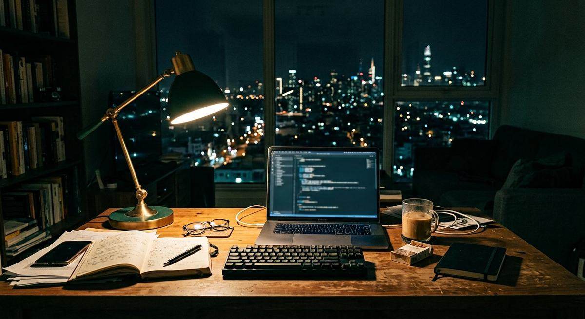 A desk at night with a glowing laptop, a cold coffee and the dark city beyond