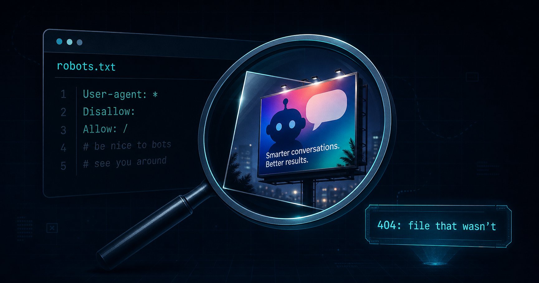 Scene illustration: a magnifying glass over a robots.txt file revealing it to be a glossy sales billboard in disguise