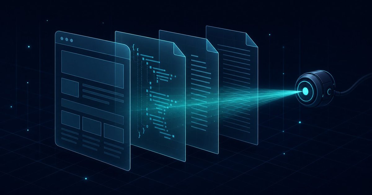 Illustration of a scanner beam reading a website's hidden machine layers: title, schema, crawler policy and plain text