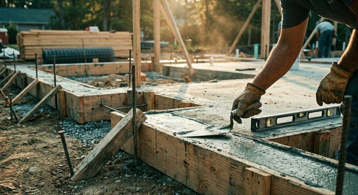 Workers levelling wet concrete inside timber formwork for a house foundation