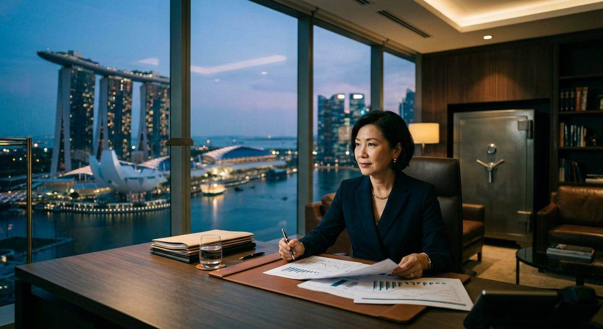 A woman at a desk in a Singapore office at dusk, Marina Bay behind the glass
