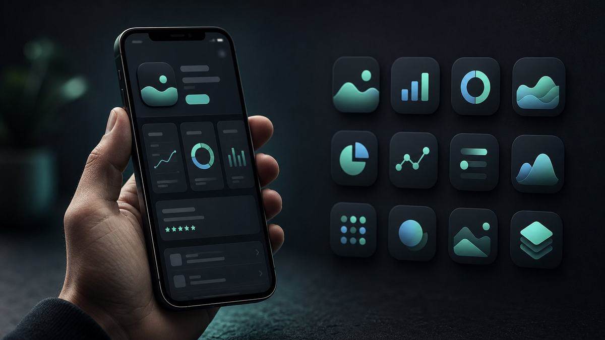 A hand holding a phone showing a polished app store listing beside a grid of app icons