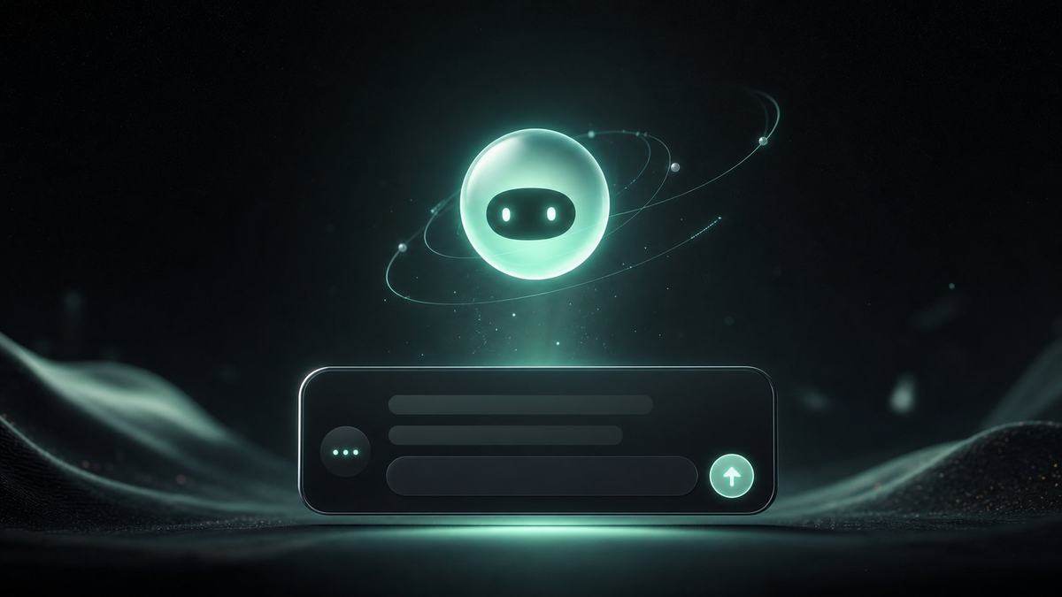 A friendly glowing orb assistant hovering above an open chat box, mint light, welcoming