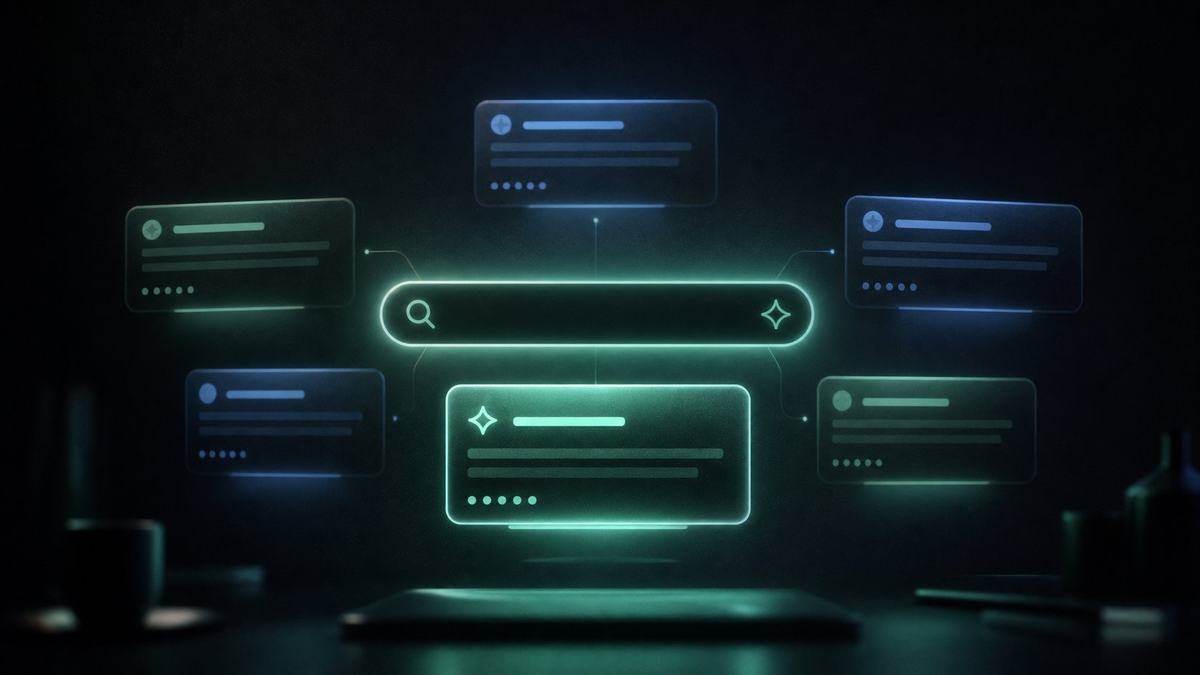 A search bar with AI answer cards appearing around it, one card highlighted, dim room
