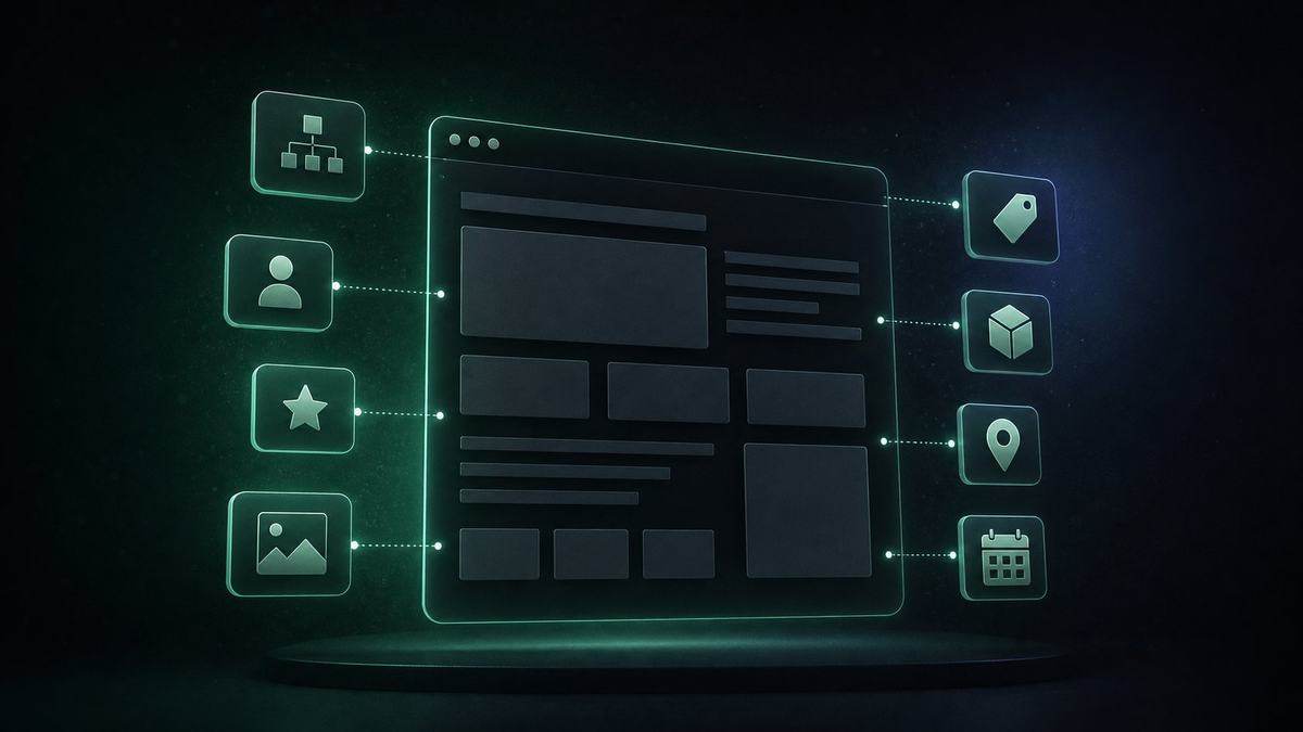 Structured-data tags floating neatly around a rendered web page, mint glow, tidy