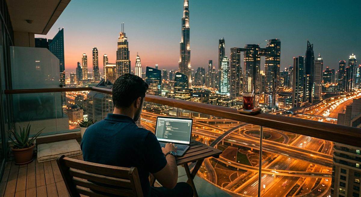 A man with a laptop on a Dubai balcony at dusk, the skyline behind him