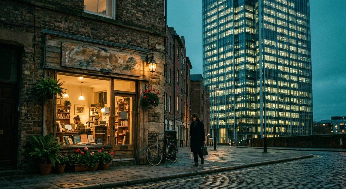 A small warm shopfront at street level with a glass office tower rising behind it