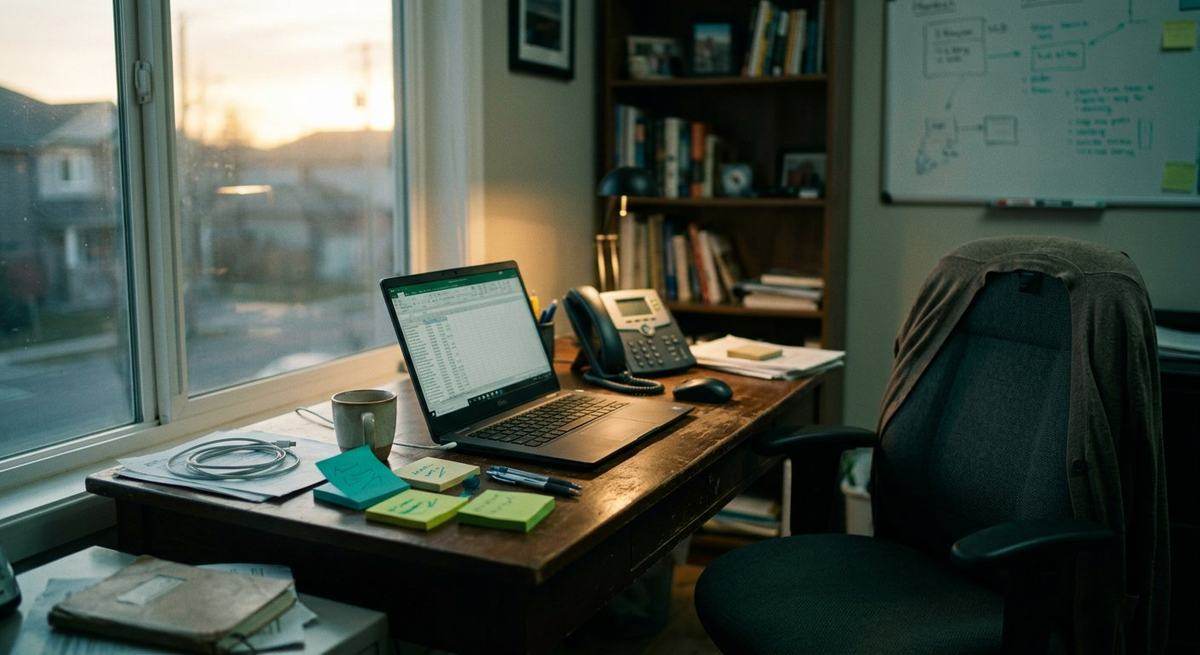 A single-desk home office with a laptop, sticky notes and a whiteboard in evening light